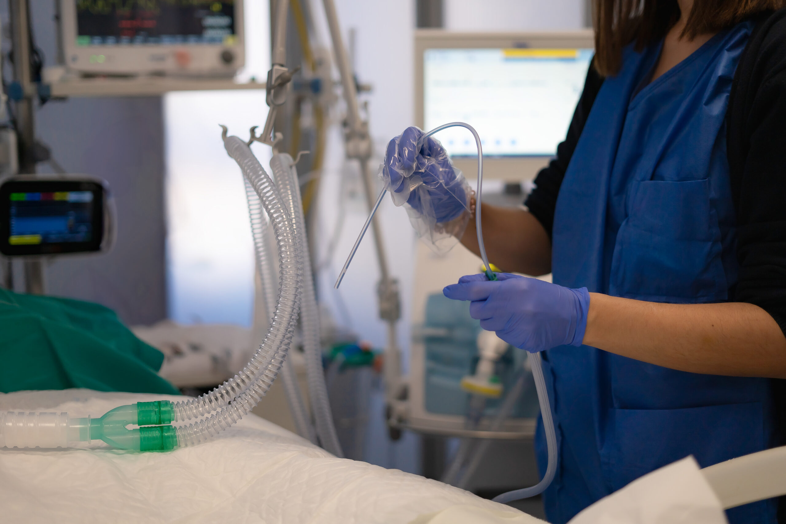 ICU nurses of a hospital working with clinical material